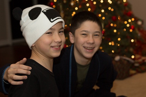 Michael and Andrew in front of the Christmas tree