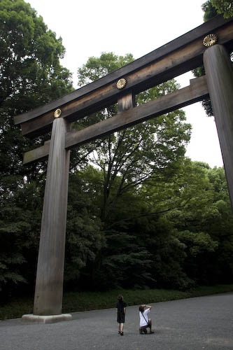 The boys under the big torii in Meiji Shrine Park.
