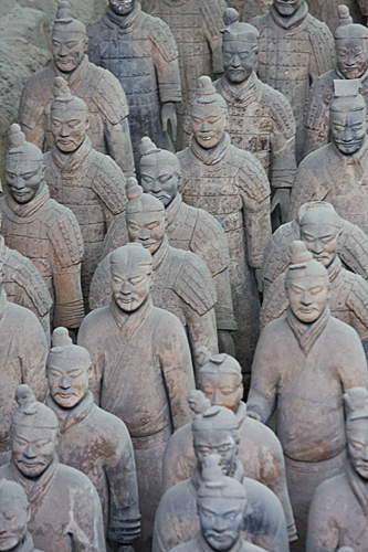 Rows of terracotta soliders viewed from the front.
