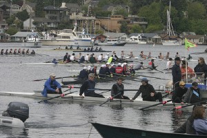 Crew boats wait in Portage Bay